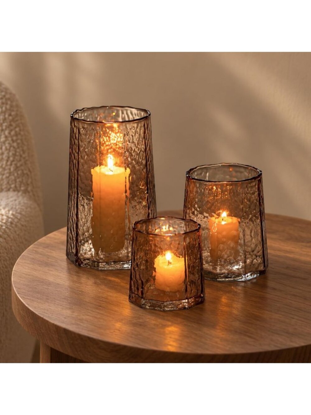 Set of 3 Amber Hurricane Glass Pillar Candle Holders - Elegant Home Decor Vases